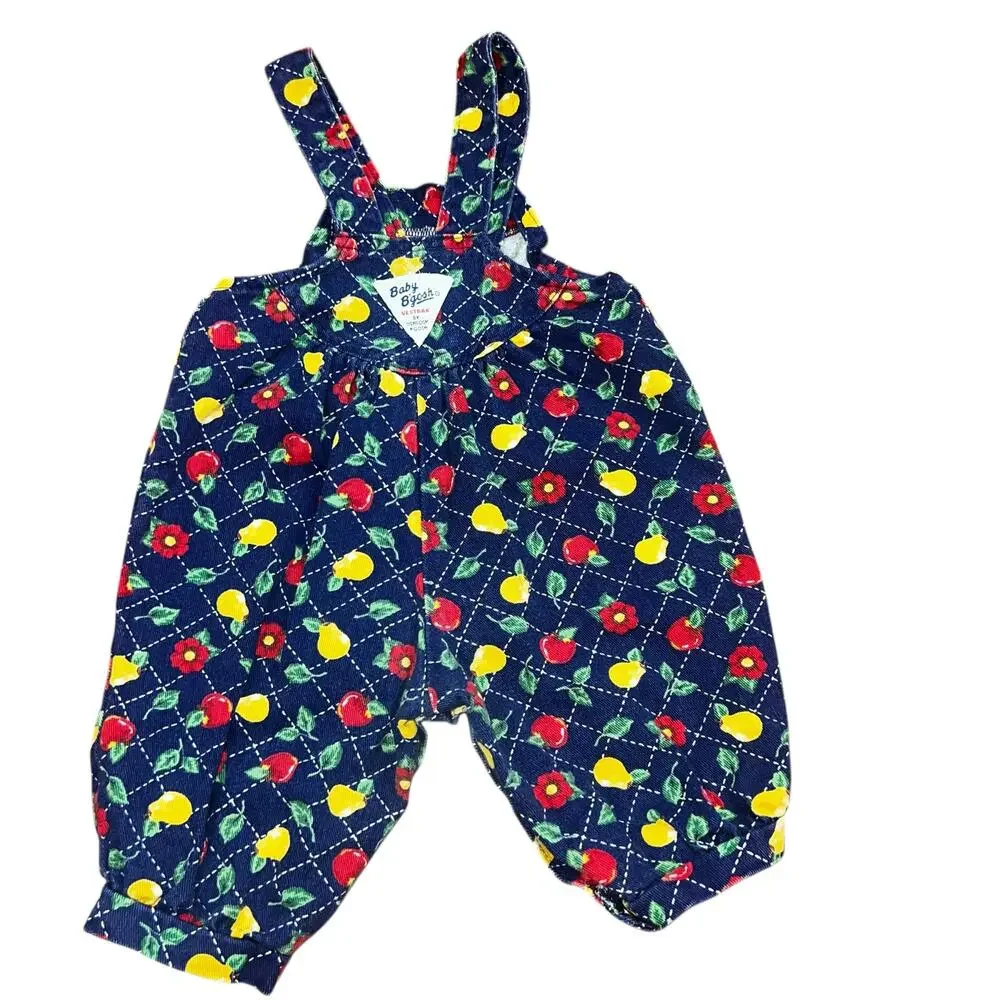 Vintage 90 Oshkosh B'Gosh blue Fruit Apple Pear Floral romper overalls girl 3-6m